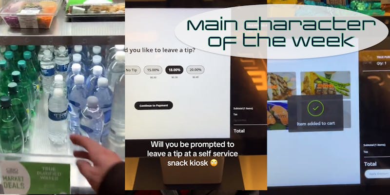 Screenshots showing a screen asking for a tip at a self service kiosk. There is text that says 'Main Character of the Week' in a web_crawlr font.