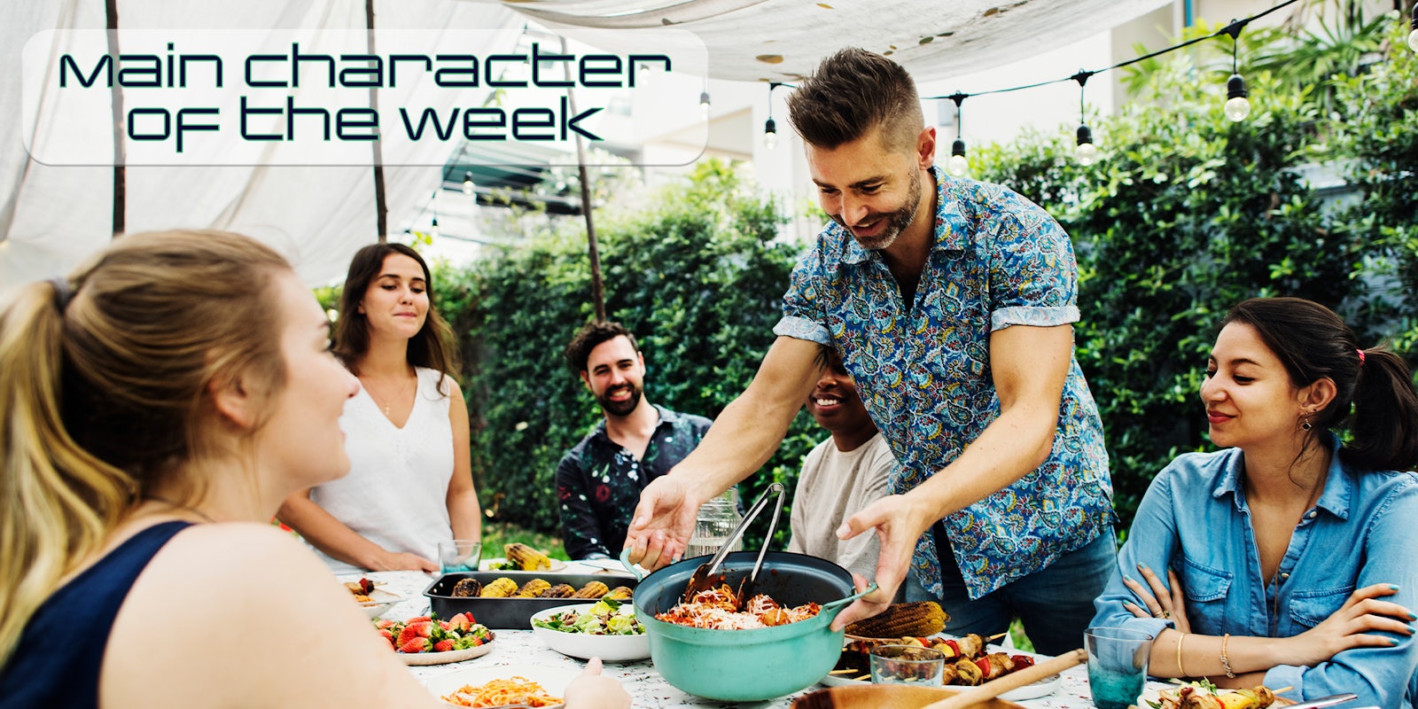 Group of diverse workers sharing potluck. There is text that says 'Main Character of the Week' in a web_crawlr font.