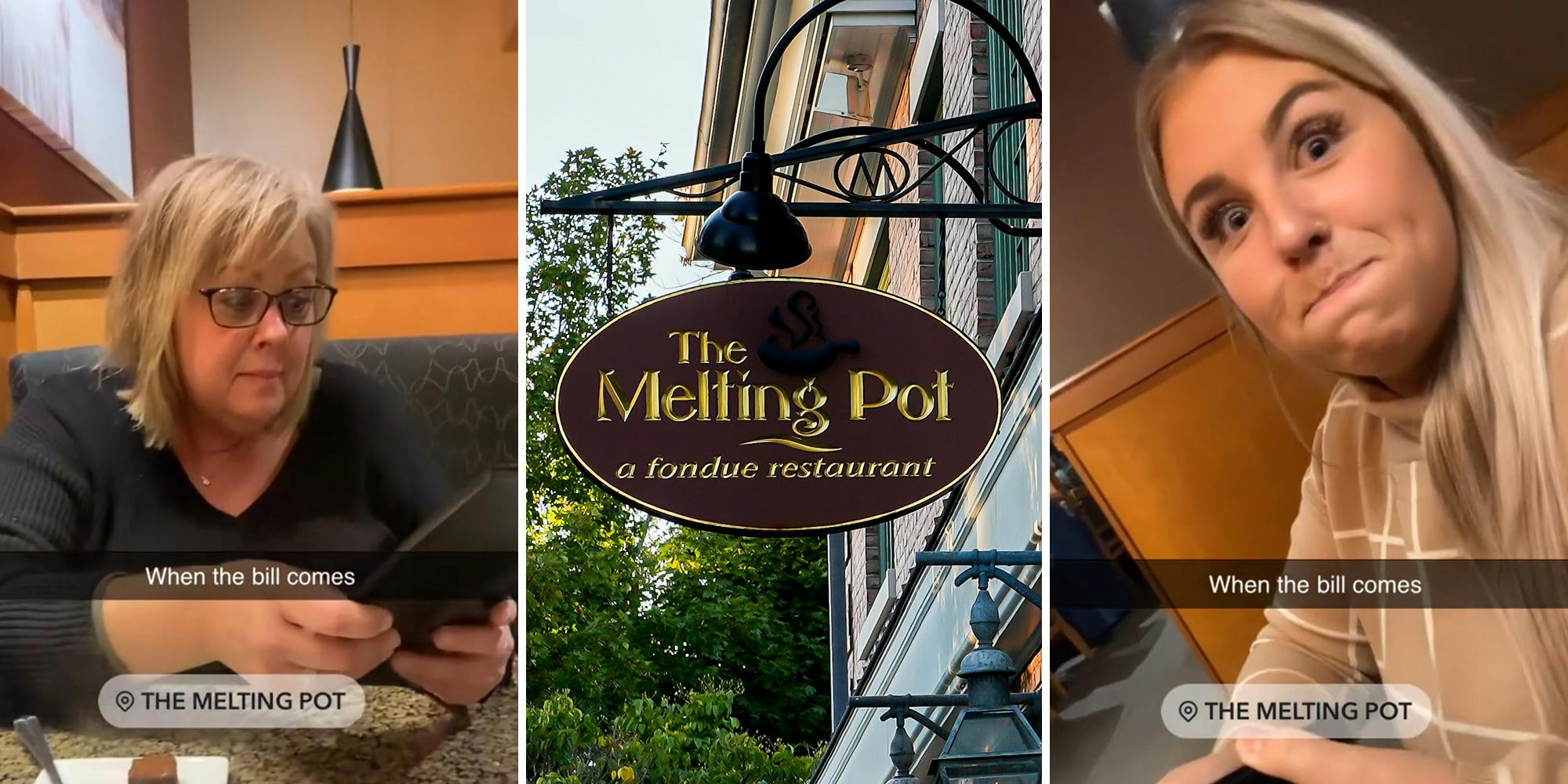 Customers laugh in disbelief after getting bill at the Melting Pot