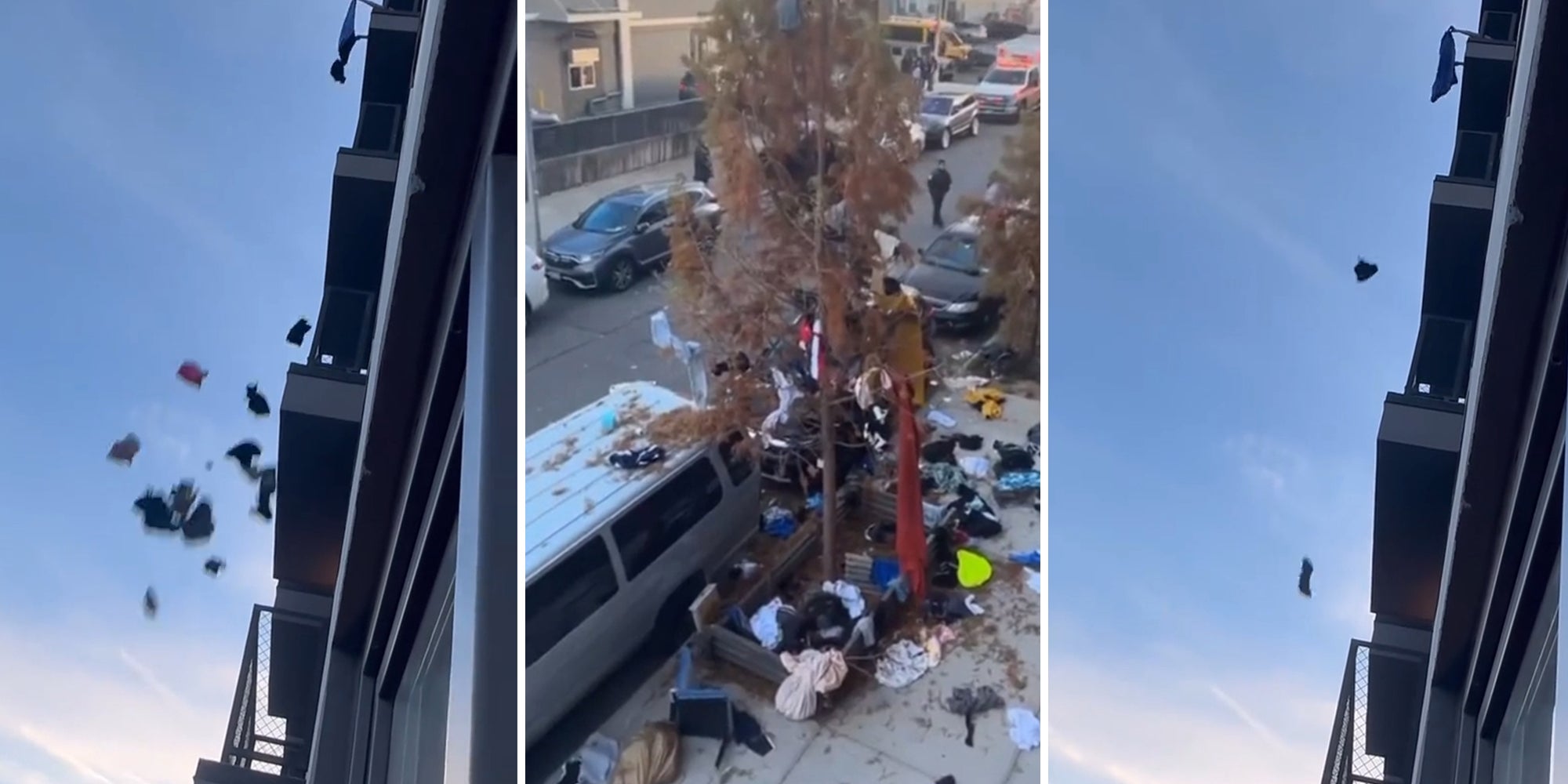 Woman throws her boyfriend's clothes out the window after a fight