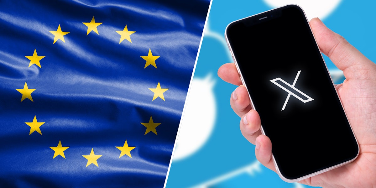 EU flag (l) Hand holding phone with X logo (r)