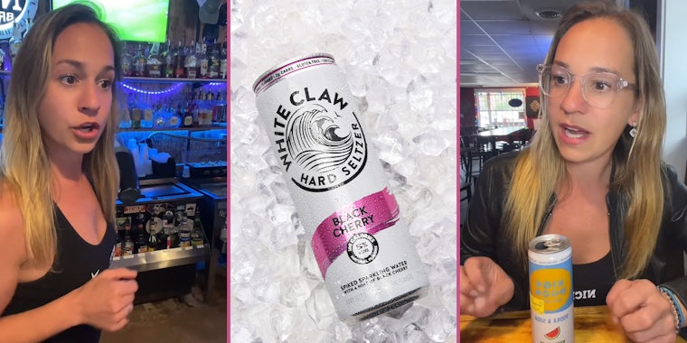 Customer pours White Claw into empty High Noon can