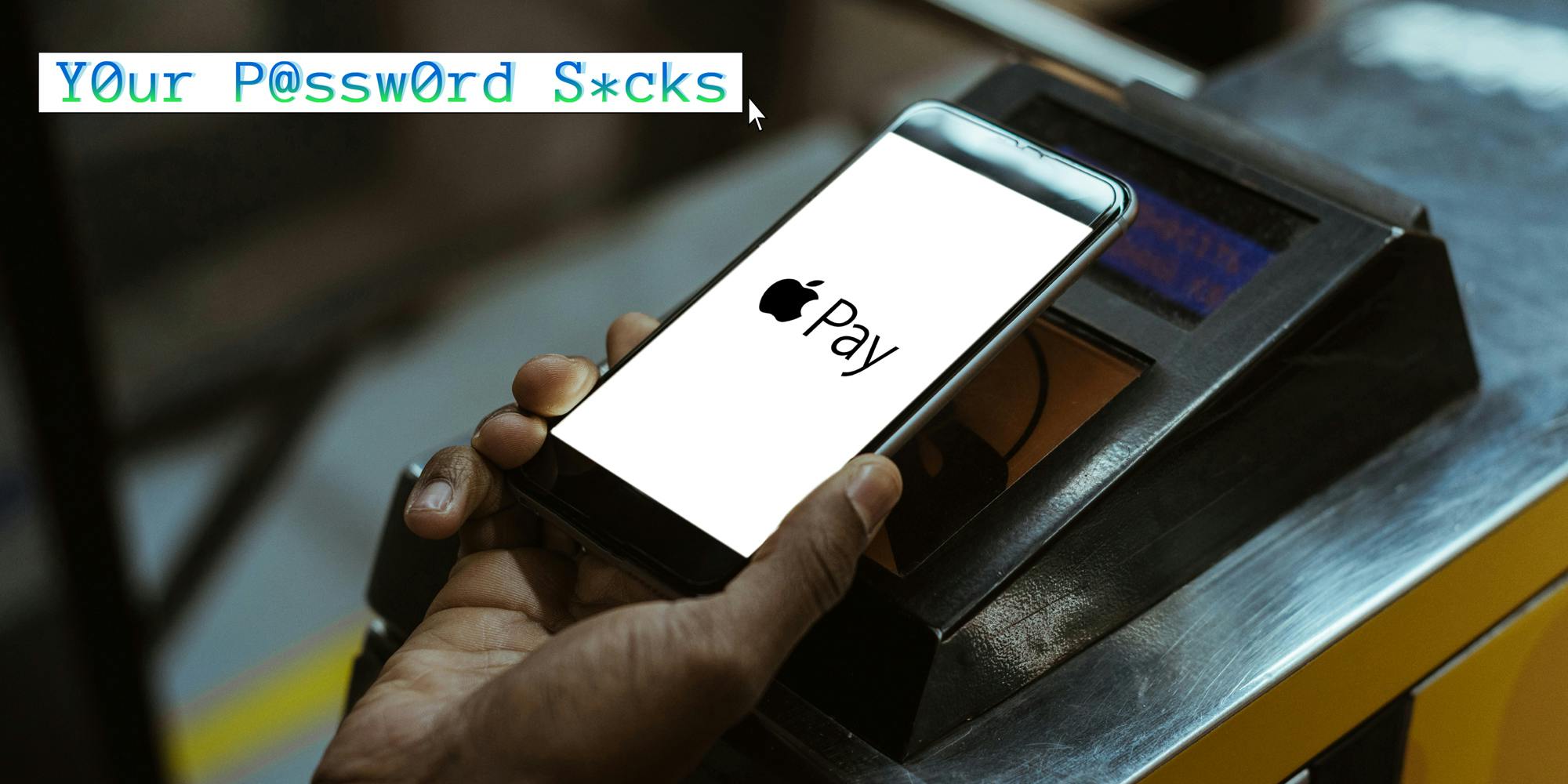 is apple pay safe: A person using Apple Pay on their phone. The Your Password Sucks web_crawlr column logo is in the top left corner.