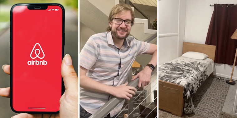 Hand holding phone with airbnb app(l), Man leaning on railing(c), Bedroom(r)