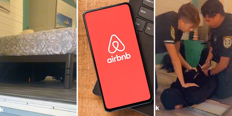 Man under bed(l), Airbnb app on phone(c), Man being arrested by two police(r)