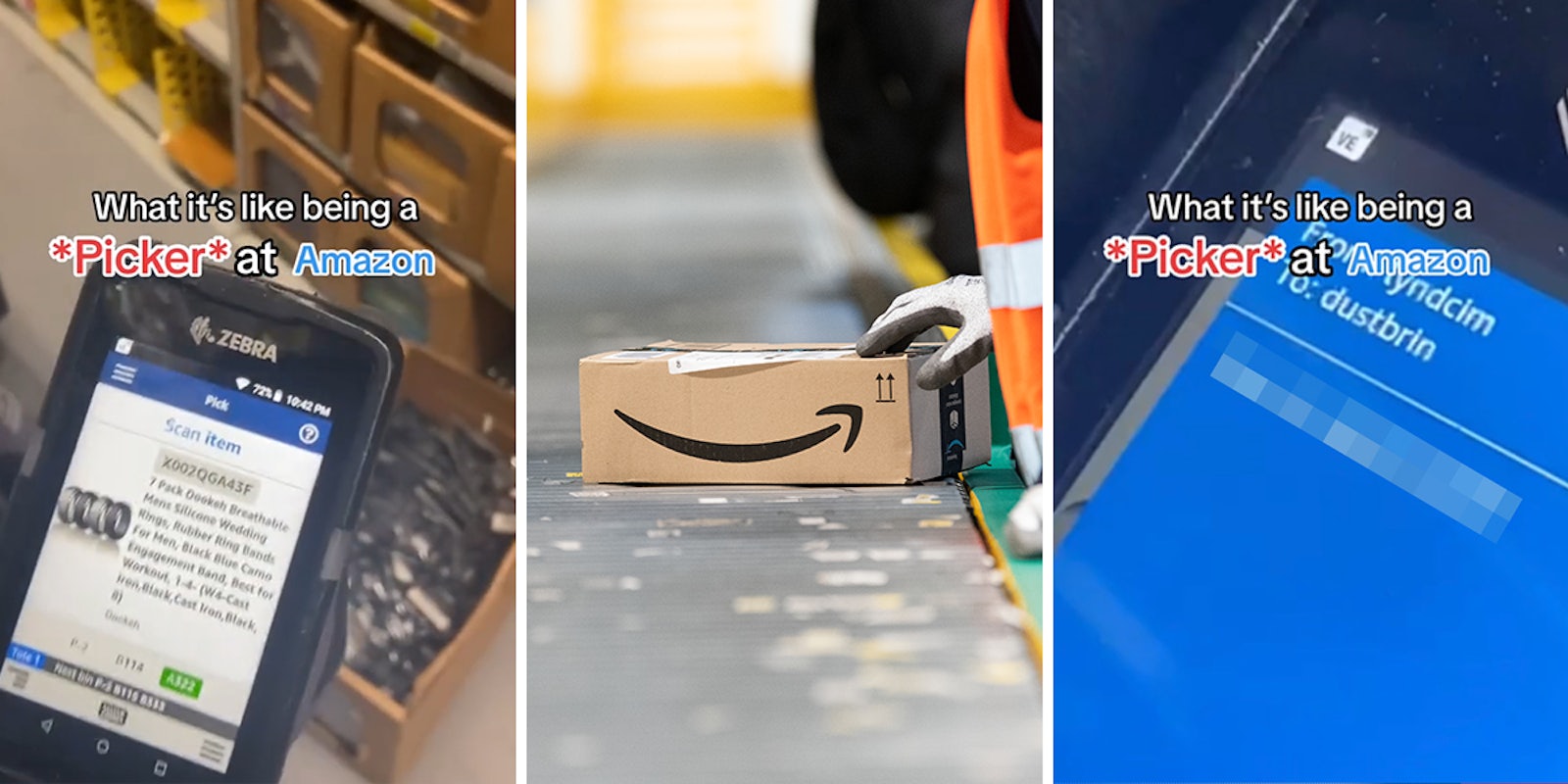 Amazon picker with scanner with caption 'What it's like being a *Picker* at Amazon' (l) Amazon worker with box (c) Amazon picker with scanner with caption 'What it's like being a *Picker* at Amazon' (r)