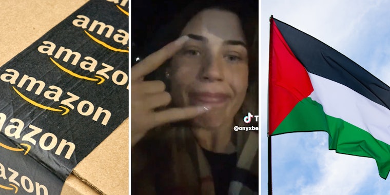 Amazon package(l), Woman showing off her hand(c), Palestine flag(r)