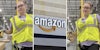 Amazon worker(l+r), Amazon logo(c)