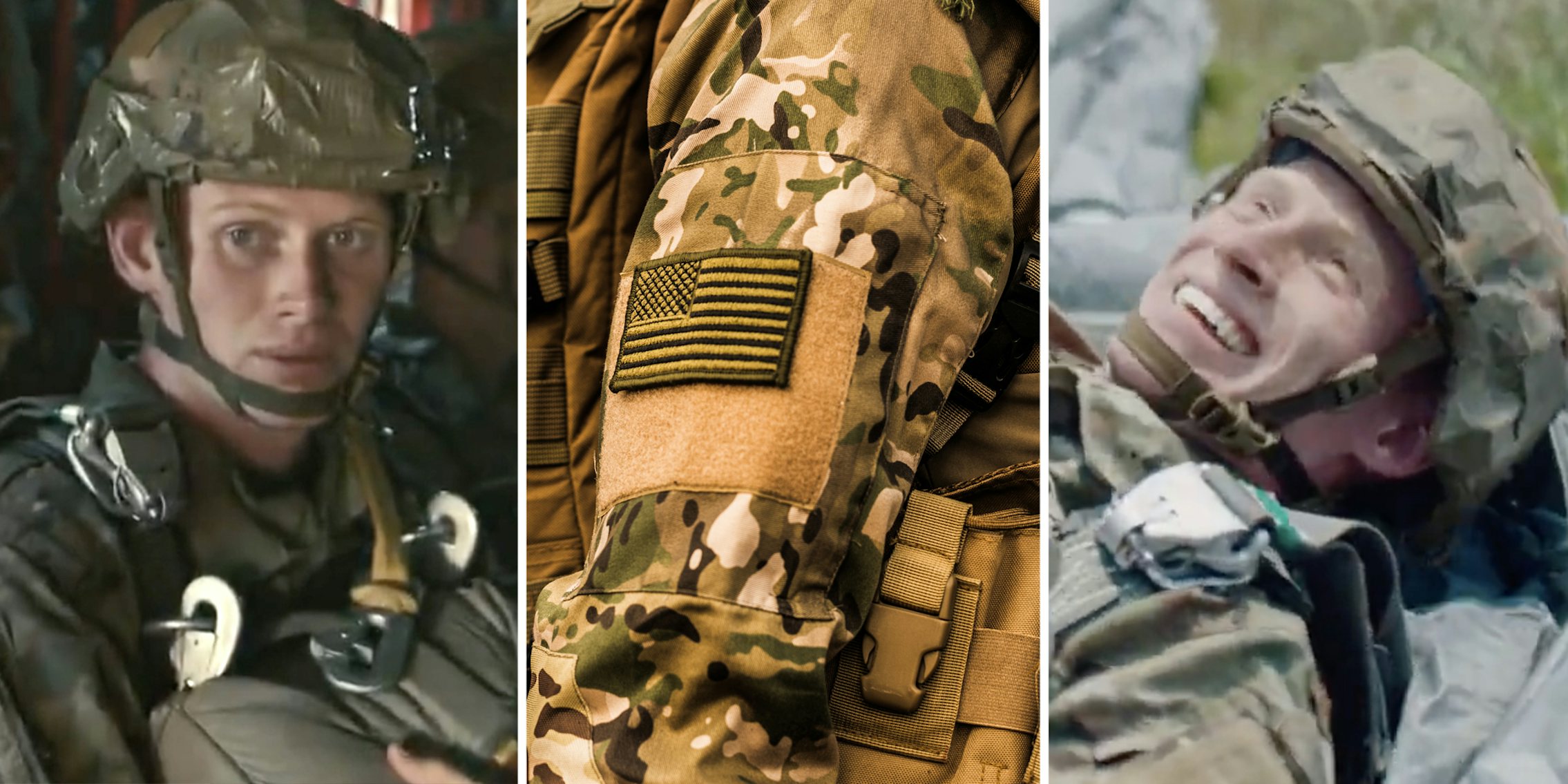 Soldier scared(l), Close up of uniform(m), Soldier smiling(r0