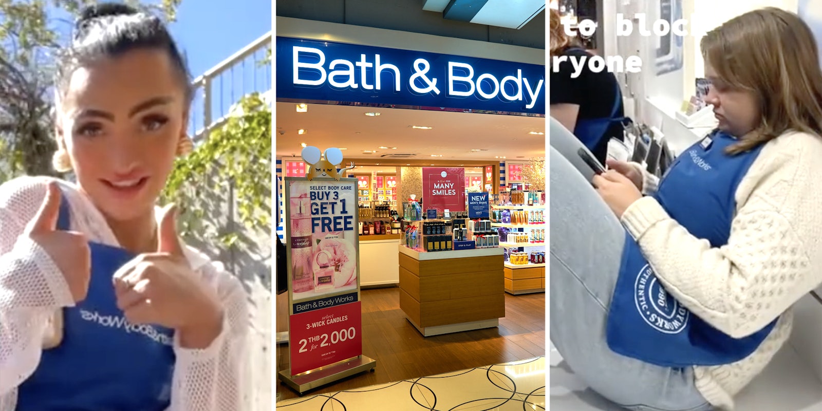 Woman with thumbs up(l), Bath & Bodyworks store(c), Worker on phone(r)