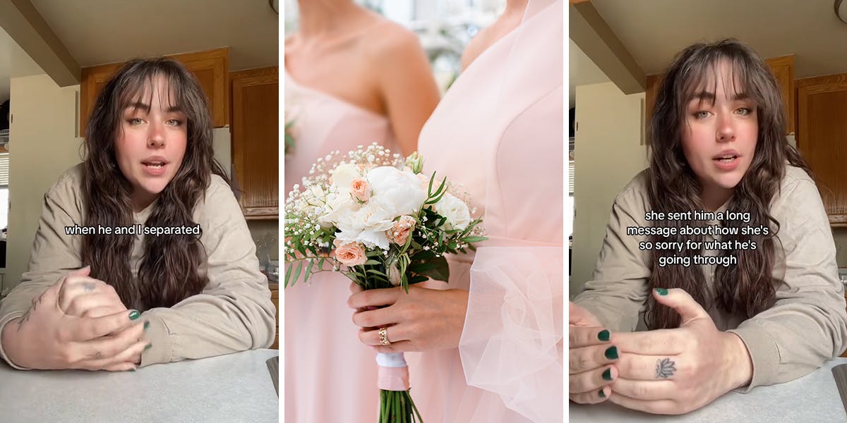 woman speaking with caption "when he and I separated" (l) bridesmaid at wedding (c) woman speaking with caption "she sent him a long message about how she's so sorry for what he's going through" (r)
