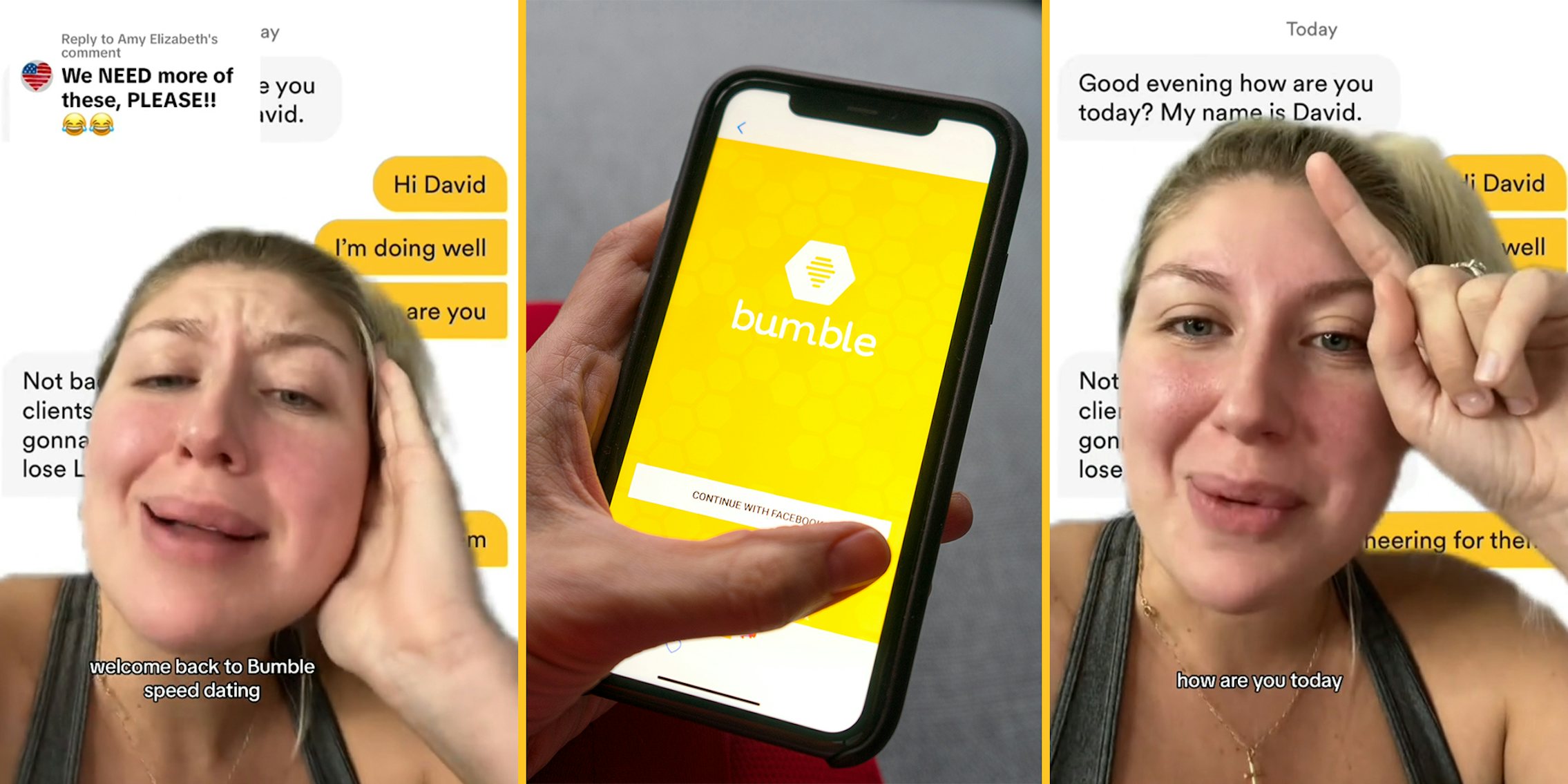 Hand holding a smartphone with a Bumble dating icon on screen.