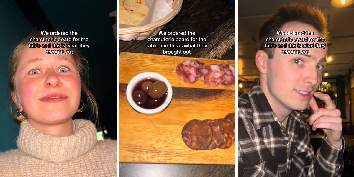 Two screenshots showing people reacting to the camera. In the middle is a board with olives and meats.
