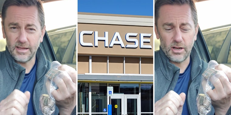Man holding bag of coins(l+r), Chase Bank(c)