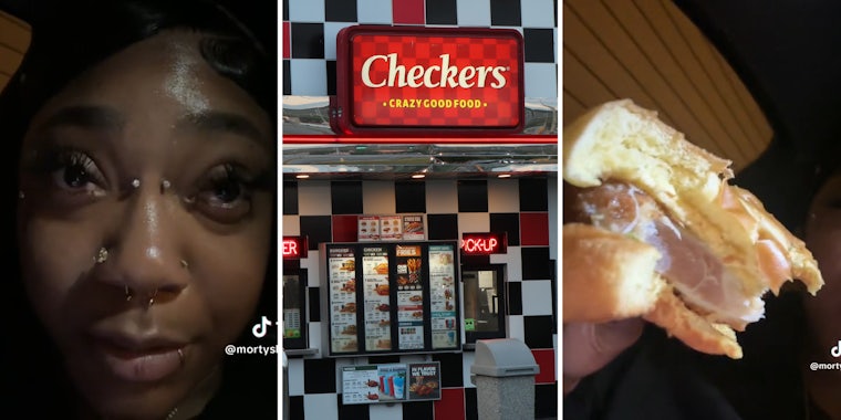 Woman talking(l), Checker's storefront(c), Raw burger(r)