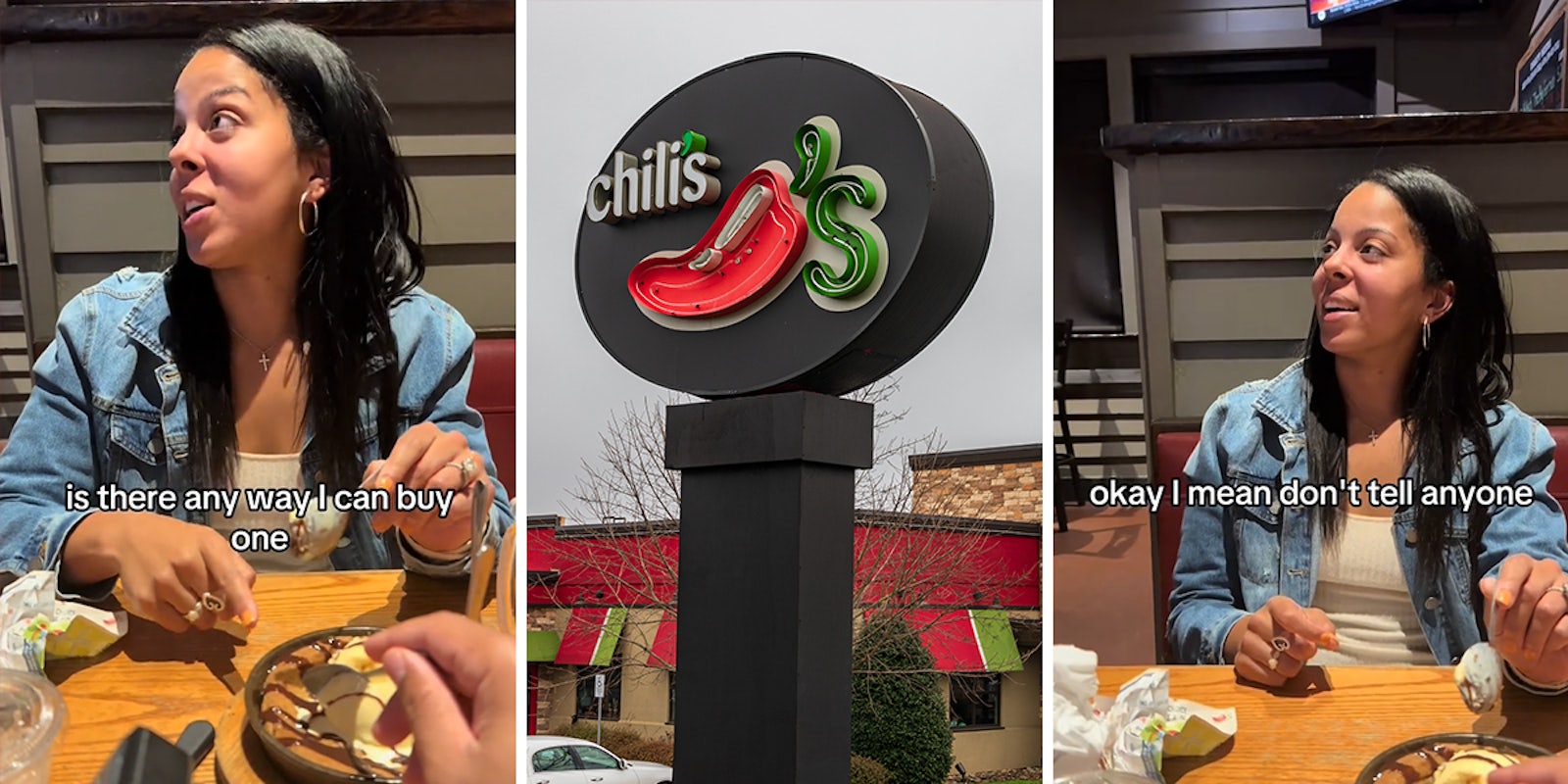 Chili's customer speaking with caption 'is there any way I can buy one' (l) Chili's sign (c) Chili's customer speaking with caption 'okay I mean don't tell anyone' (r)