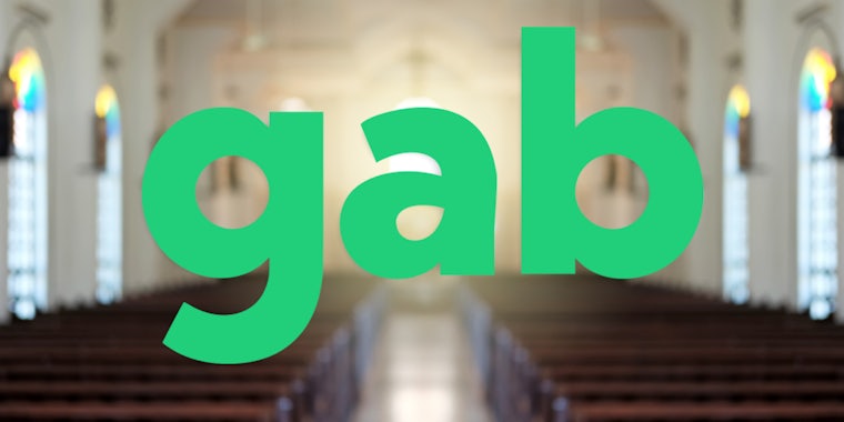 Gab logo over blurred church interior