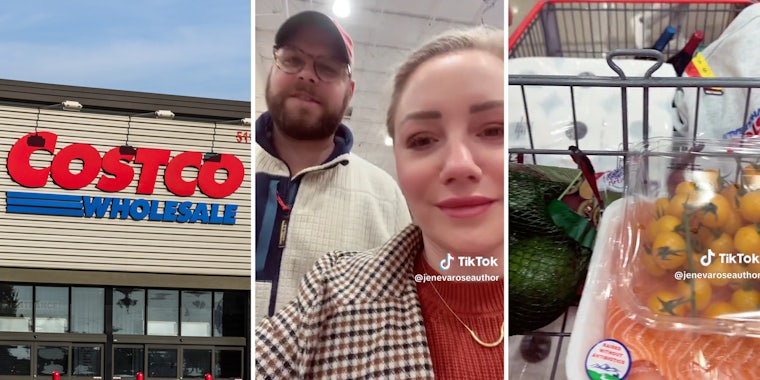 Costco storefront(l), Couple(c), grocery cart(r)