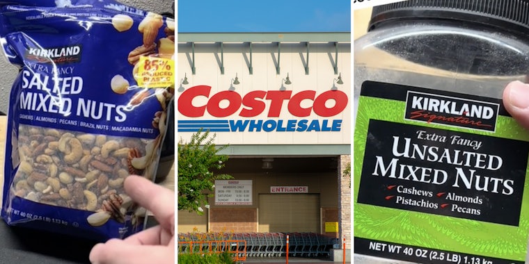 Bag of mixed nuts(l), Costco storefront(c), Empty container(r)