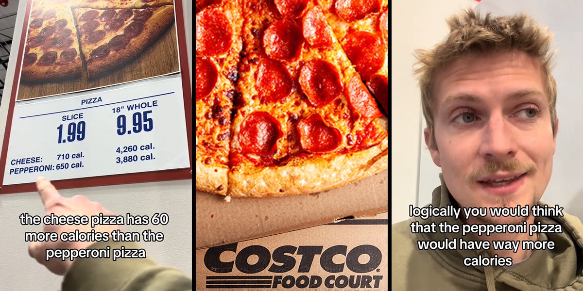 Costco customer pointing to menu with caption "the cheese pizza has 60 more calories than the pepperoni pizza" (l) Costco pepperoni pizza (c) man speaking with caption "logically you would think that the pepperoni pizza would have way more calories" (r)