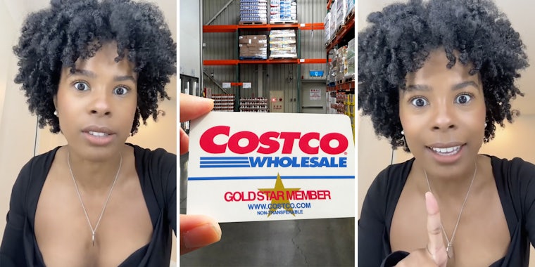 Woman talking(l+r), Costco membership card(c)