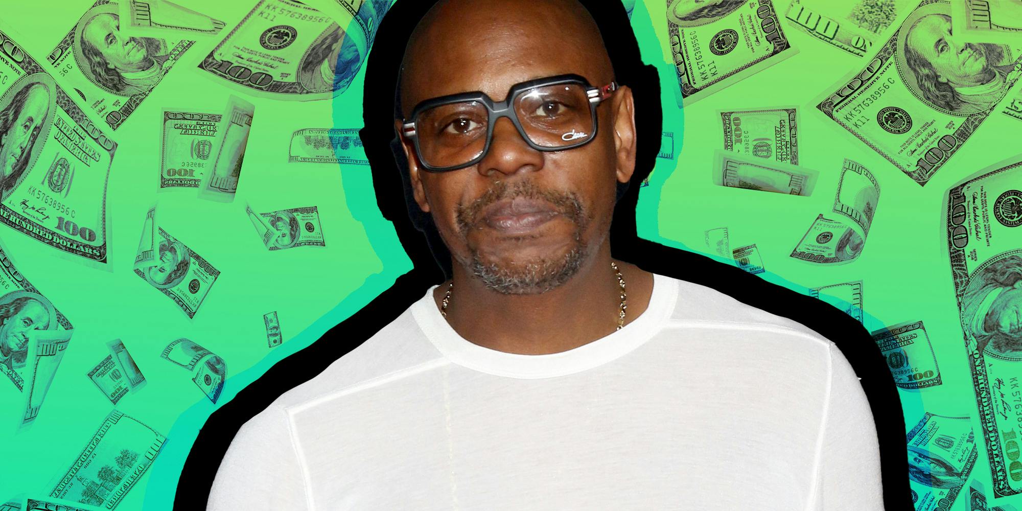Dave Chappelle in front of floating money