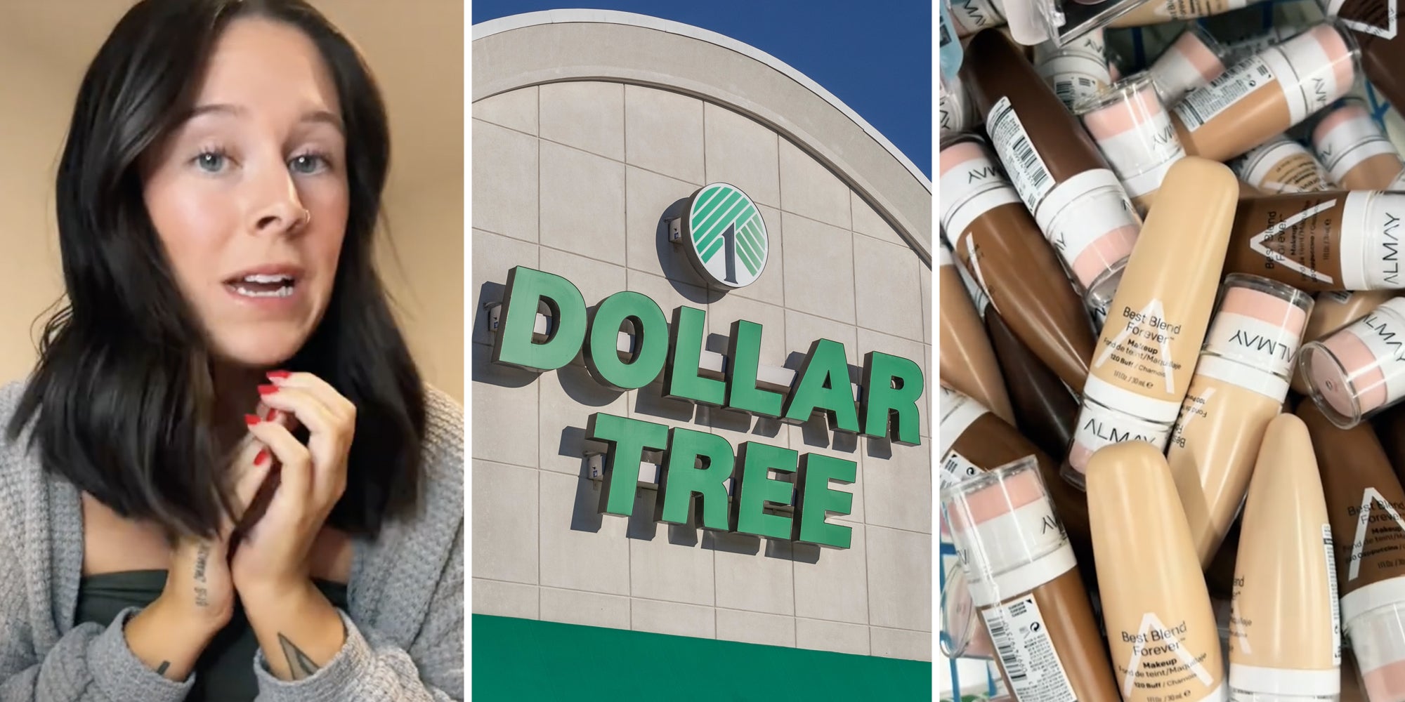 Woman talking(l), Dollar Tree sign(c), Make up(r)
