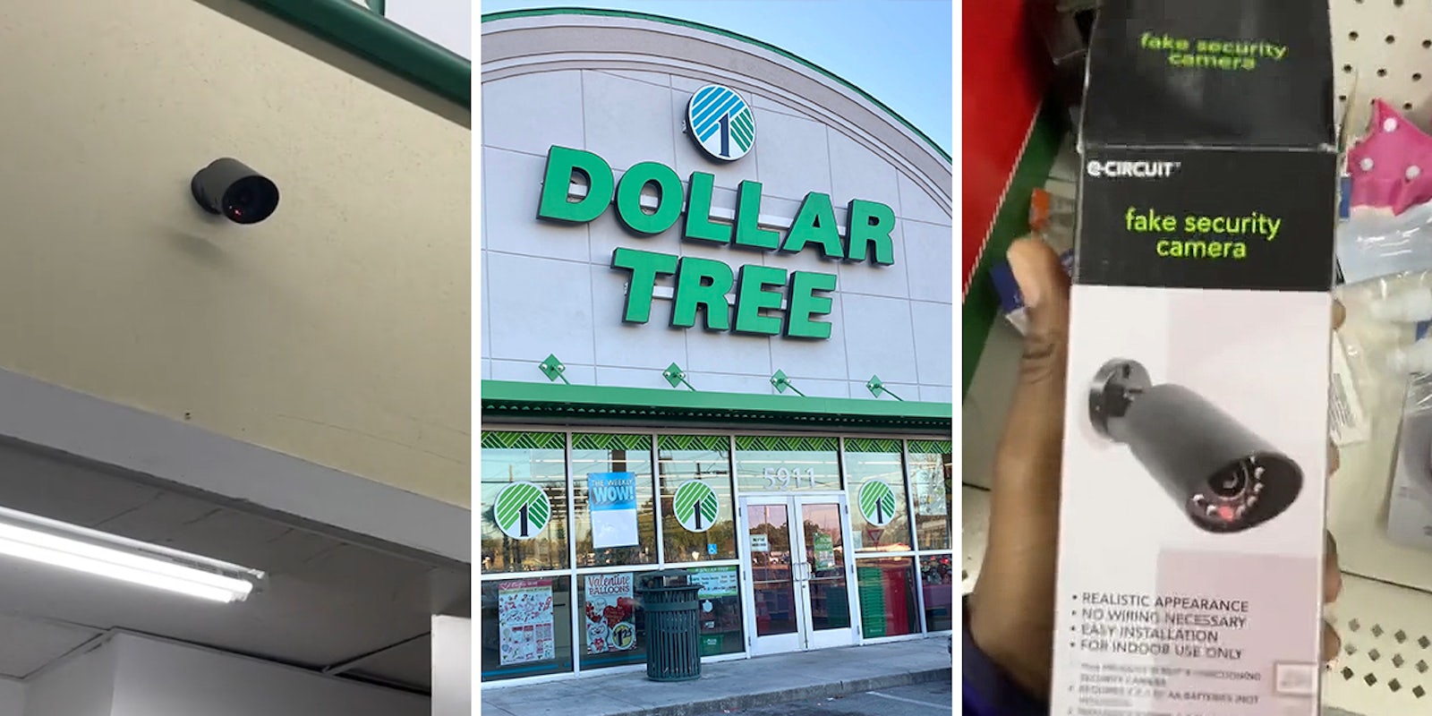 Dollar Tree security camera on wall (l) Dollar Tree building with sign (c) Dollar Tree fake security camera open box (r)