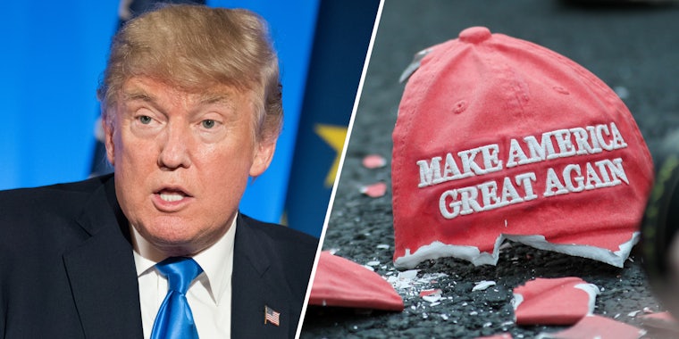 Donald Trump(l), Broken Maga hat ceramic(r)