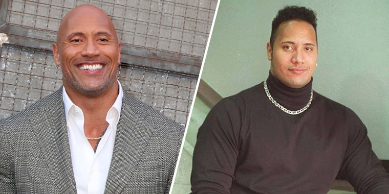 the rock meme: Dwayne Johnson now(l), Dwayne Johnson turtleneck chain meme(r),