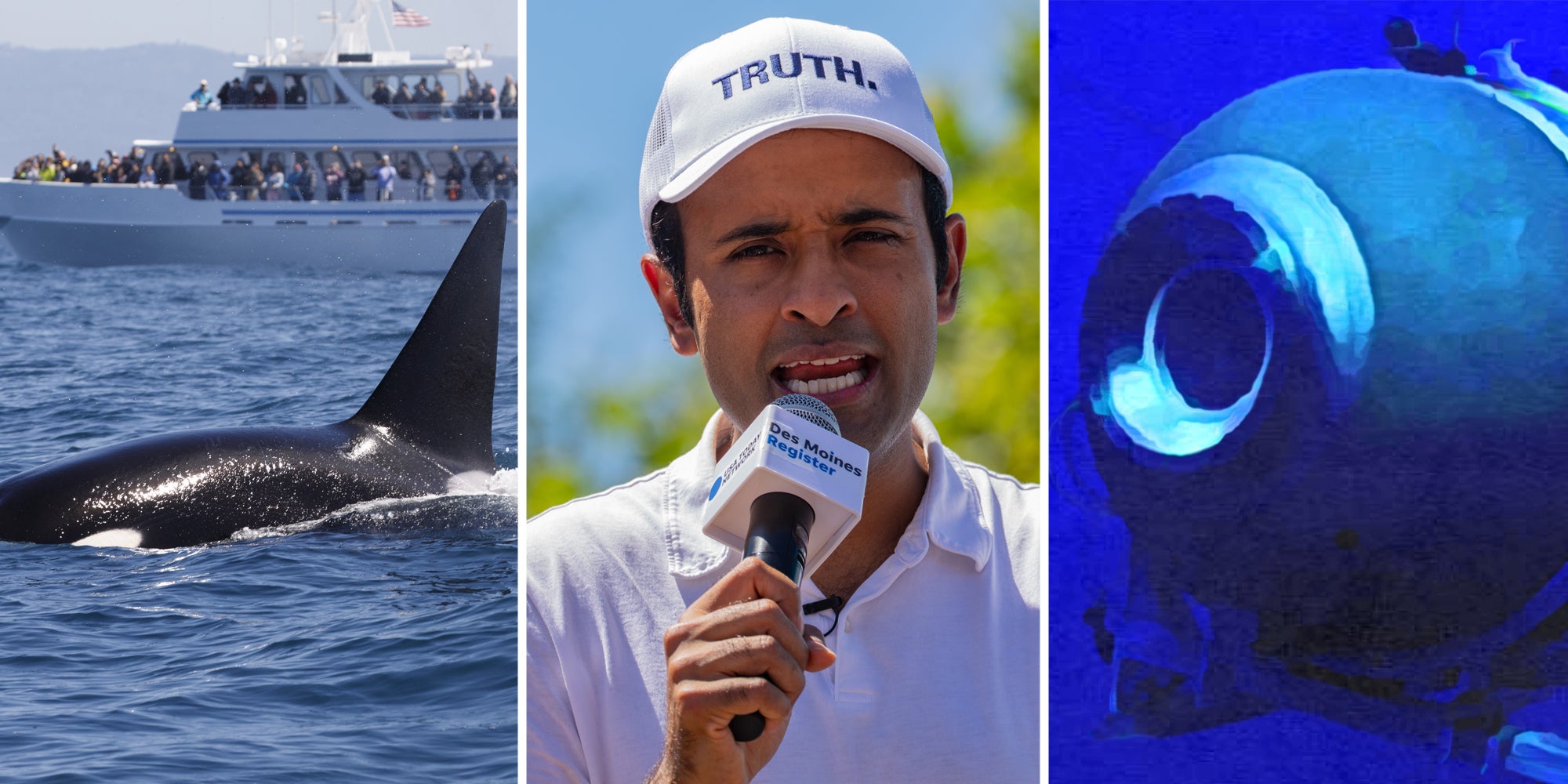 Orca near ship(l), vivek ramaswamy(c), titan explorer(r)