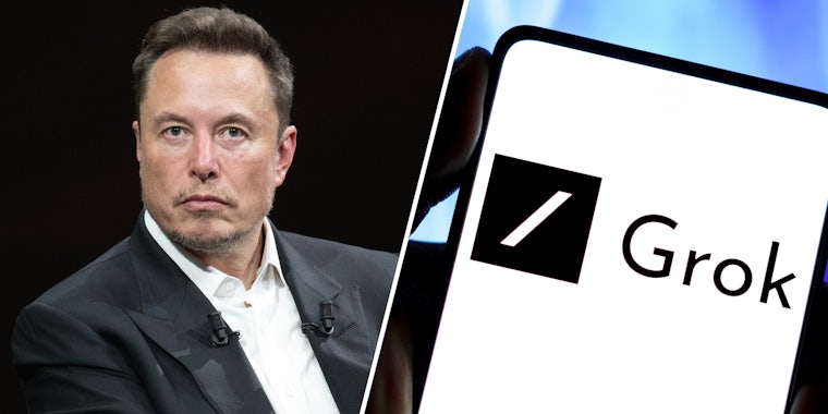 Elon Musk(l); Hand holding phone with Grok app(r)