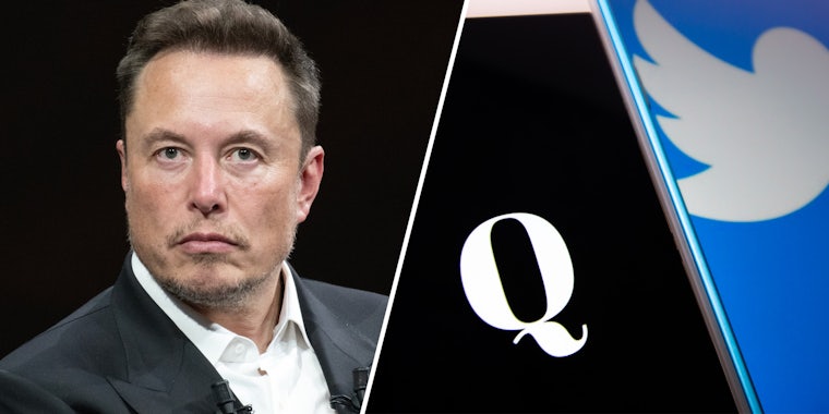 Elon Musk(l), Phone with Q symbol in front of twitter logo(r)