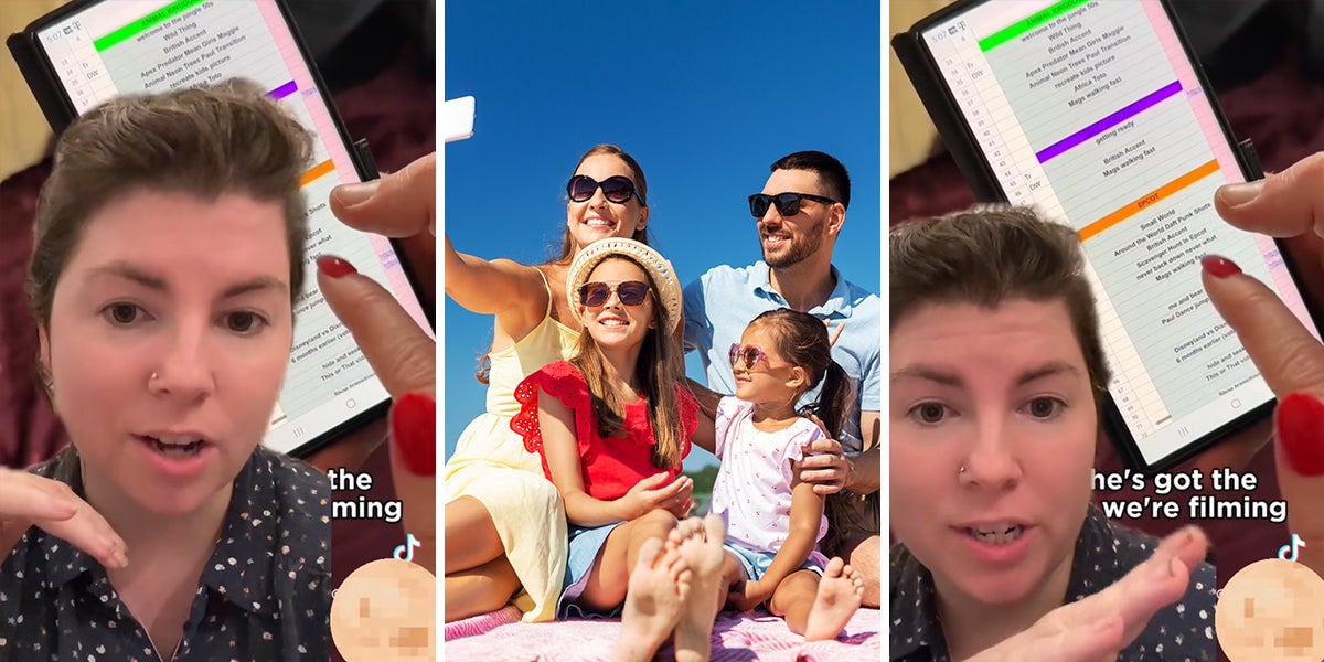 woman greenscreen TikTok over family vlogger TikTok (l) family taking photo while on vacation (c) woman greenscreen TikTok over family vlogger TikTok (r)