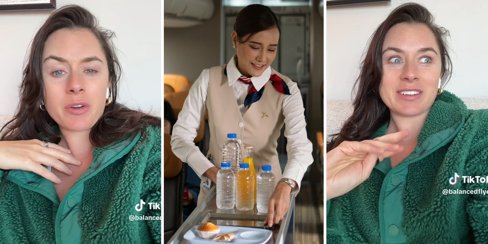 Woman talking(l+r), Flight attendant serving drinks(c)