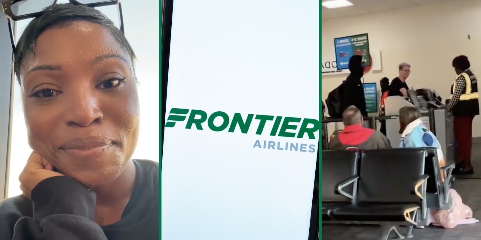Woman sweating(l), Frontier Airlines app(c), People waiting at gate(r)