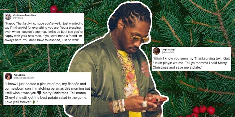 future meme: Future holding phone with X quotes surrounding him in front of evergreen and red berries background
