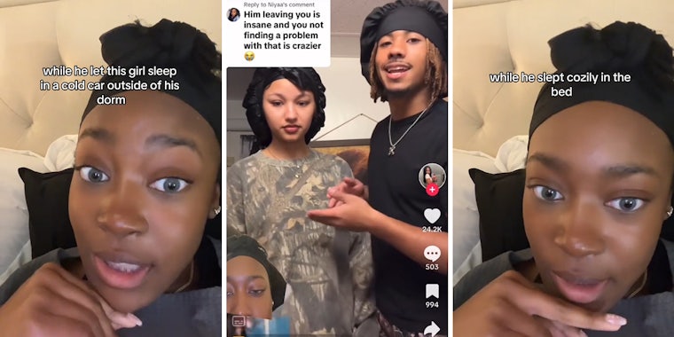 woman speaking with caption 'while he let his girl sleep in a cold car outside of his dorm' (l) TikTok couple livestream with woman greenscreened over it (c) woman speaking with caption 'while he slept cozily in the bed' (r)