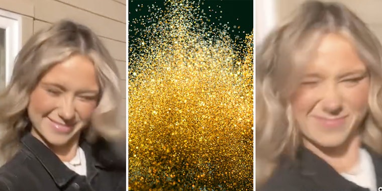 Woman spraying glitter on herself(l+r), Glitter(c)