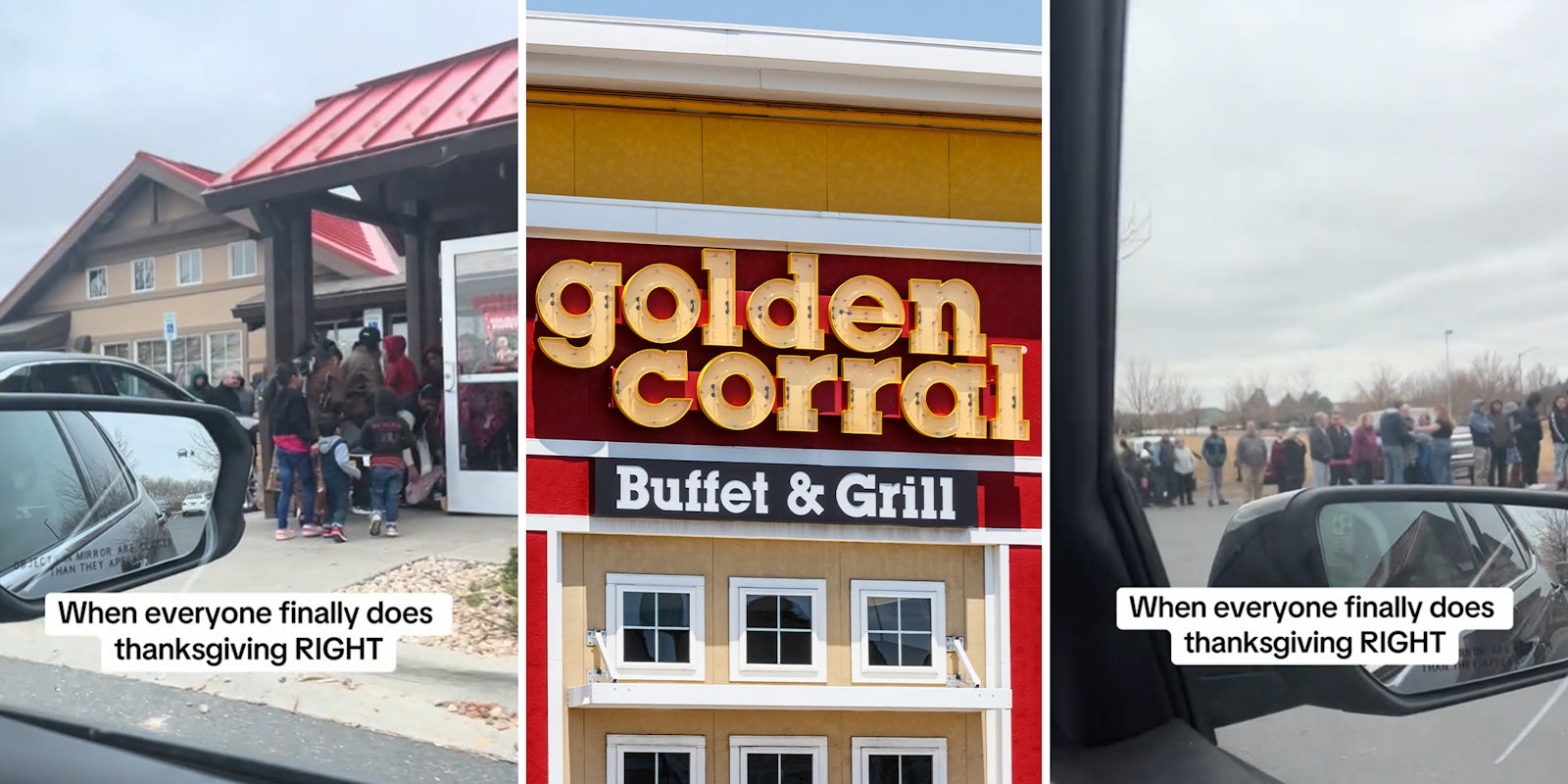 Customer sees giant holiday line for Golden Corral buffet.