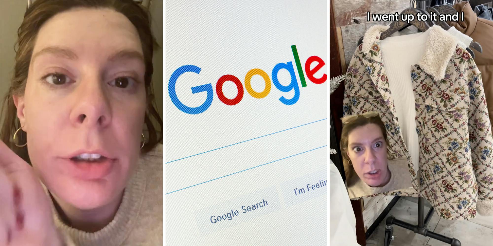 Woman talking(l), Google screen(c), Woman in front of coat(r)