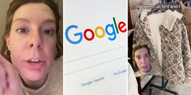 Woman talking(l), Google screen(c), Woman in front of coat(r)