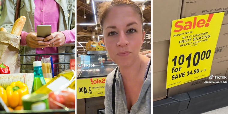 Hands on phone pushing grocery cart(l), Woman in grocery store(c), Sale sign(r)