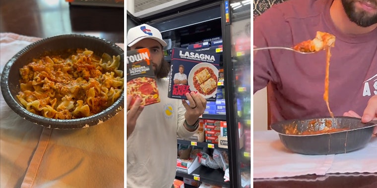 frozen lasagna cooked in tray (l) man at store holding up 2 lasagnas (c) man eating cooked frozen lasagna in tray (r)