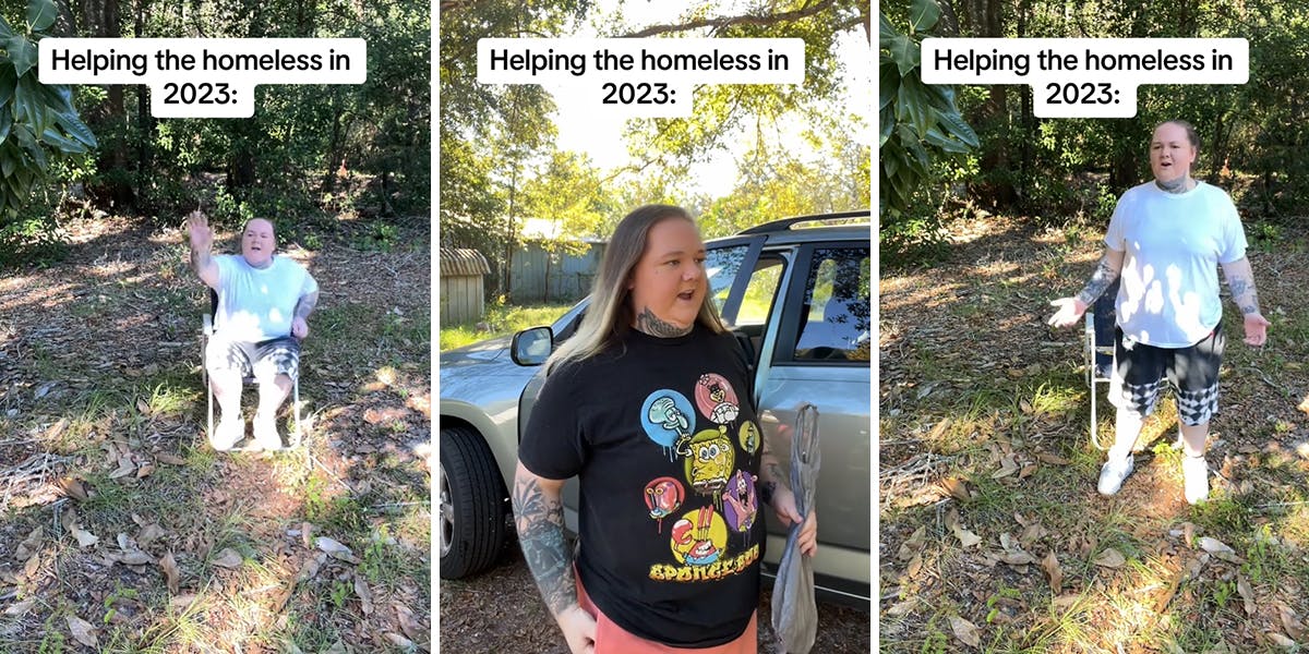 woman in lawn chair outside speaking with caption "Helping the homeless in 2023" (l) woman speaking next to car with caption "Helping the homeless in 2023" (c) woman speaking next to lawn chair outside with caption "Helping the homeless in 2023" (r)