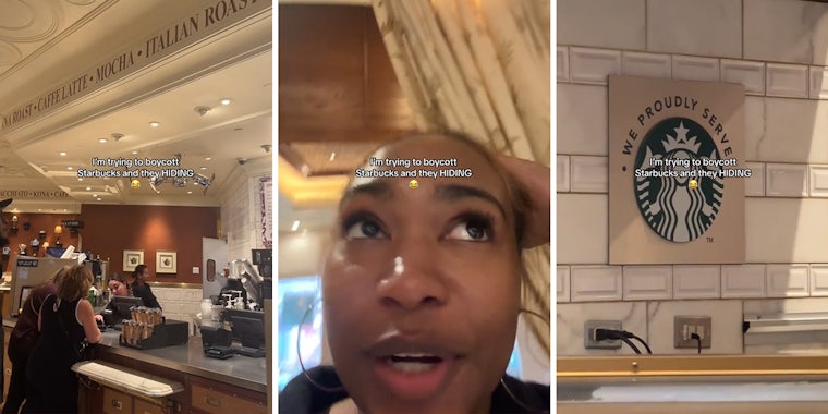 coffee shop with caption 'I'm trying to boycott Starbucks and they HIDING' (l) woman speaking in coffee shop with caption 'I'm trying to boycott Starbucks and they HIDING' (c) Starbucks sign in coffee shop with caption 'I'm trying to boycott Starbucks and they HIDING' (r)