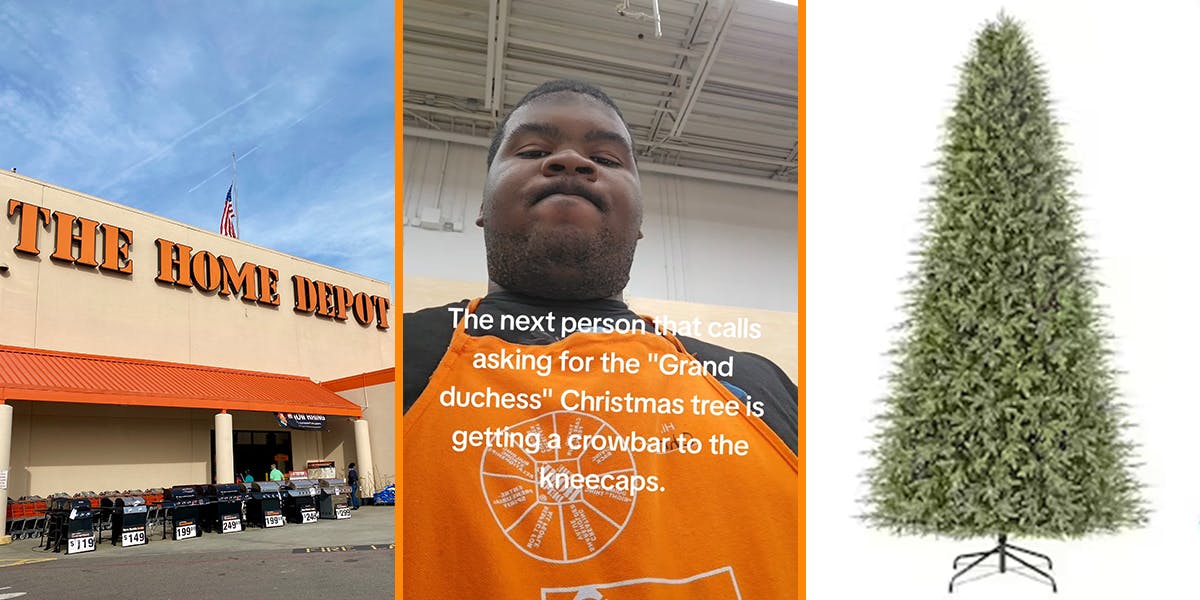 Home Depot building with sign (l) Home Depot employee with caption "The next person that calls asking for the "grand duchess Christmas tree is getting a crowbar to the kneecaps." (c) Home Depot Grand Duchess Christmas tree in front of white background (r)