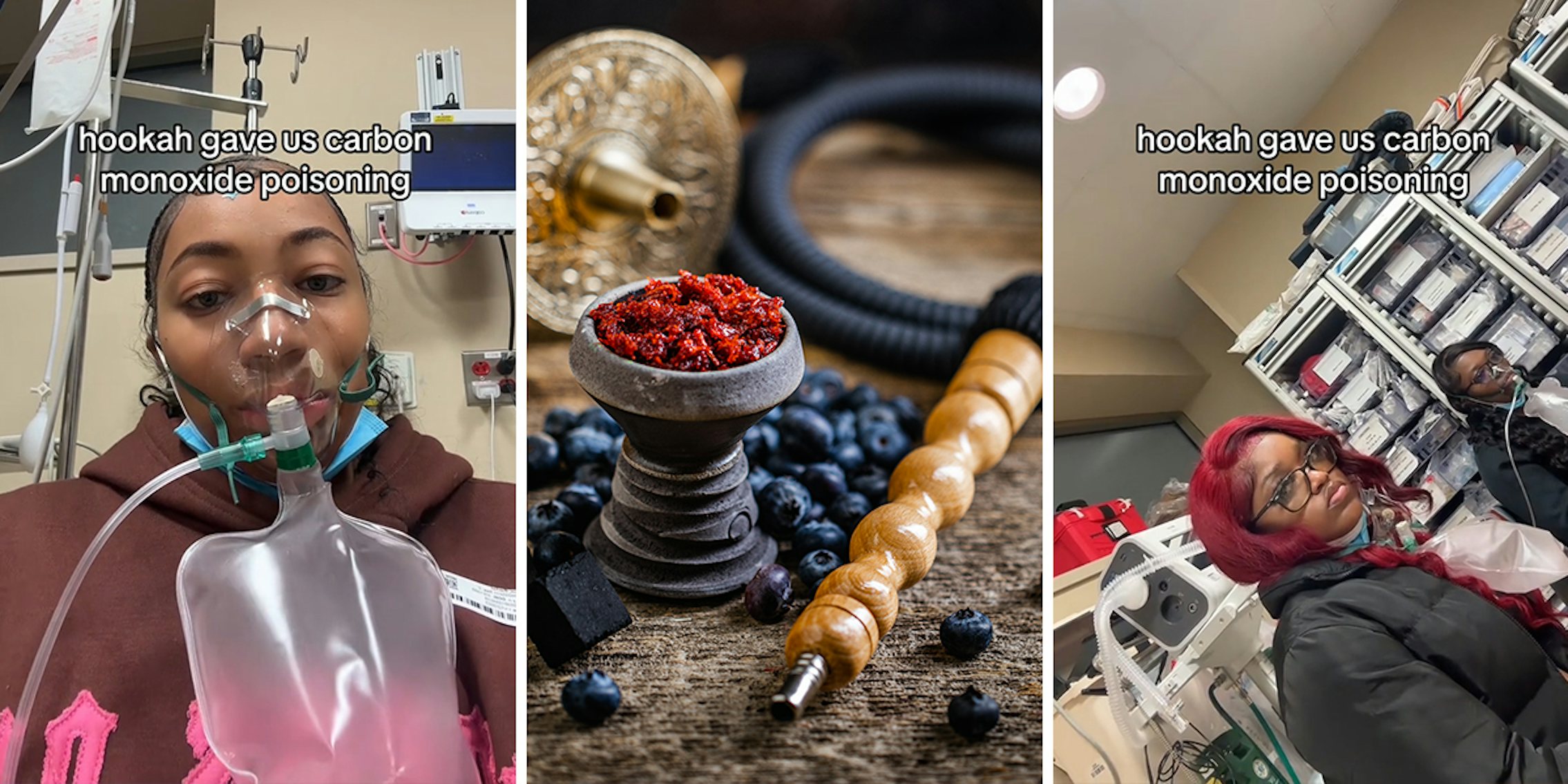 woman in hospital with caption 'hookah gave us carbon monoxide poisoning' (l) hookah with fruit tobacco on table (c) women in hospital with caption 'hookah gave us carbon monoxide poisoning' (r)