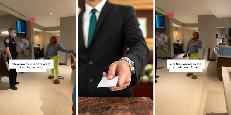 hotel guest speaking to police with caption 'allow two men to have a key card to our room' (l) hotel worker holding out key card (c) hotel guest speaking to police with caption 'and they walked in the actual room, 2 men' (r)
