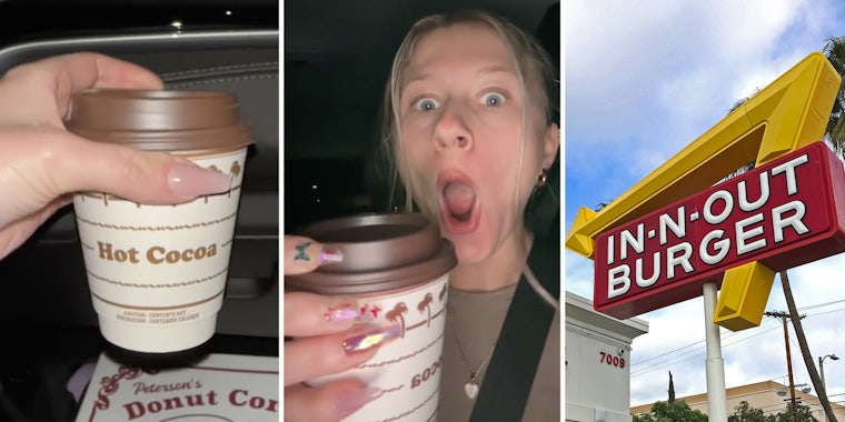 Hand holding hot cocoa(l), Woman shocked holding hot cocoa(c), In-n-out sign(r)